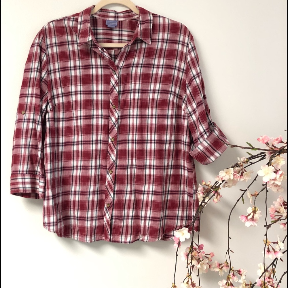 Plaid button down with tab sleeve